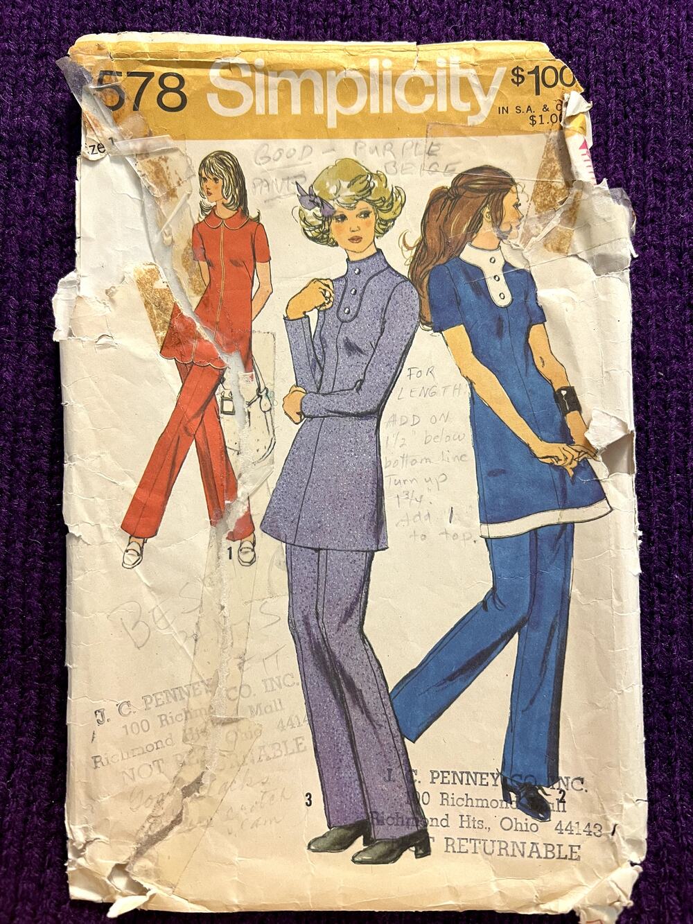 Simplicity 9578 dress top pants pattern 1970s size 14